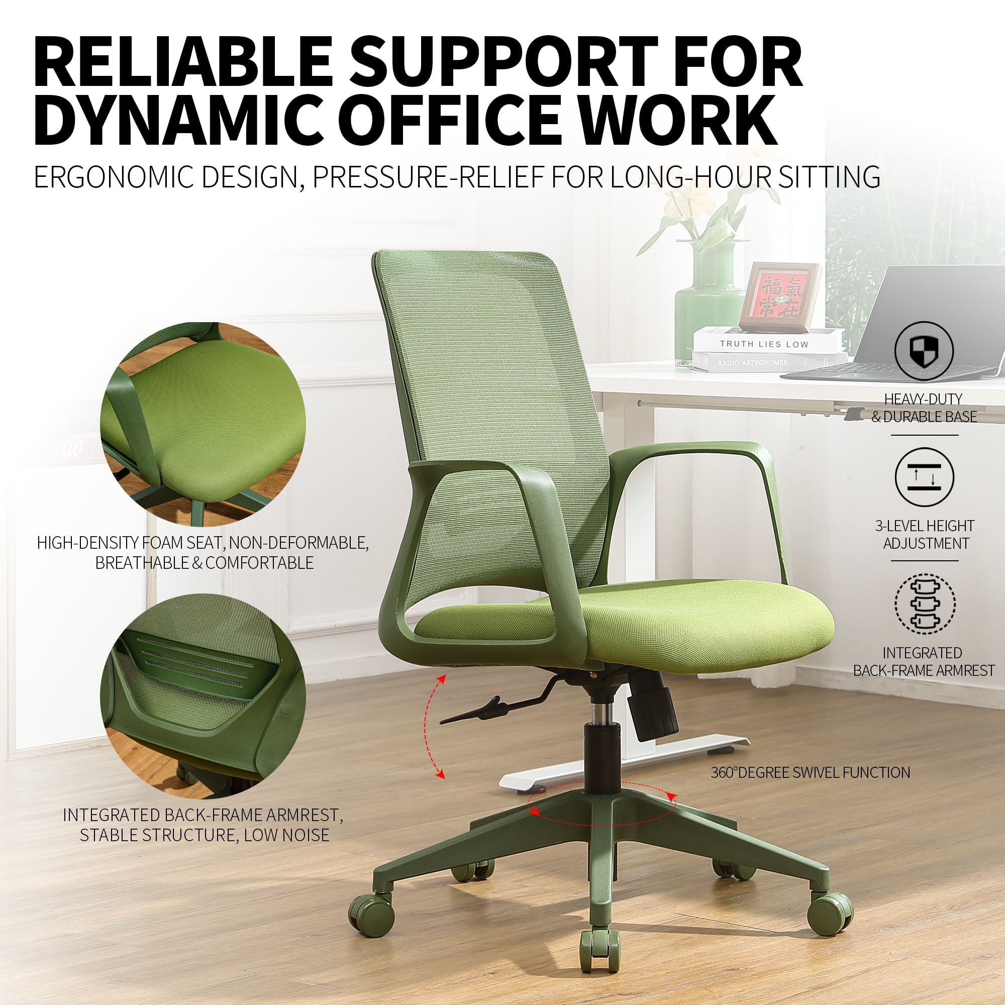 Homy Casa Modern Mesh Office Chair, Adjustable Height Computer Desk Chair with Lumbar Support, Green