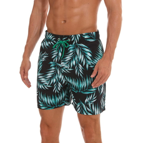 Capreze Mens Beach Pants Drawstring Swimsuit Pocket Boardshorts Breathable Beachwear High Waist Swimwear Black Bamboo Leaf XL