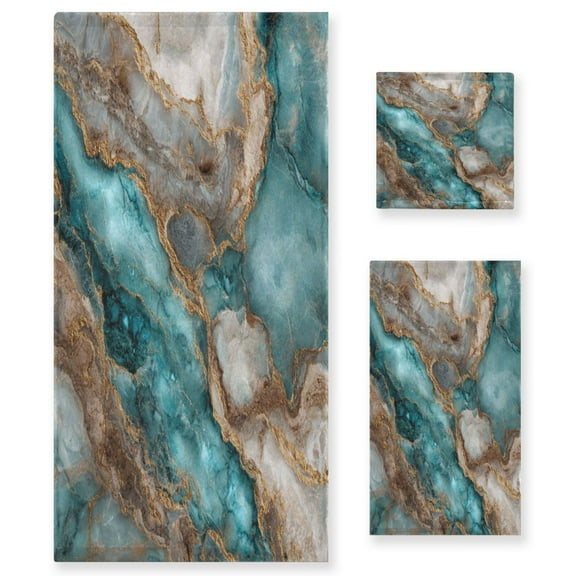 3 Sizes of Towel Sets Including Bath Towel Hand Towel and Washcloth for Daily Use Turquoise and Gold Marble