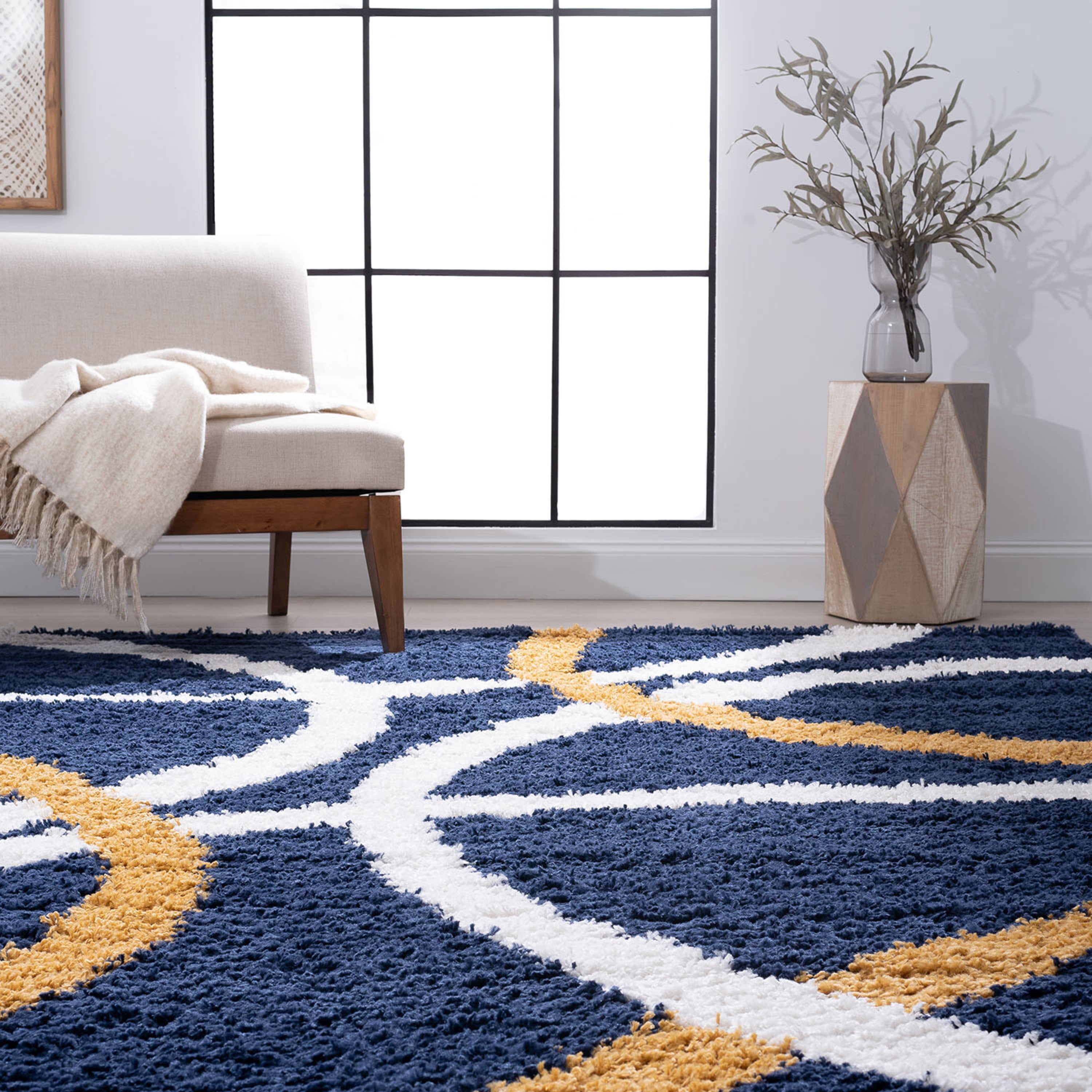 Bliss Rug Abstract Indoor Shag Rug for Living Room, Bedroom, Kids Room |Yellow/Navy, 9' x 12' (8'10''x12'2'')