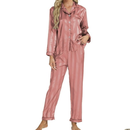 2 Piece Sports Outfit Set Womens Silk Satin Pajamas Loungewear Two-Piece Sleepwear Button Shirt Sleepwear Pajamas Set Running Outfits Set S-126 Red-a L