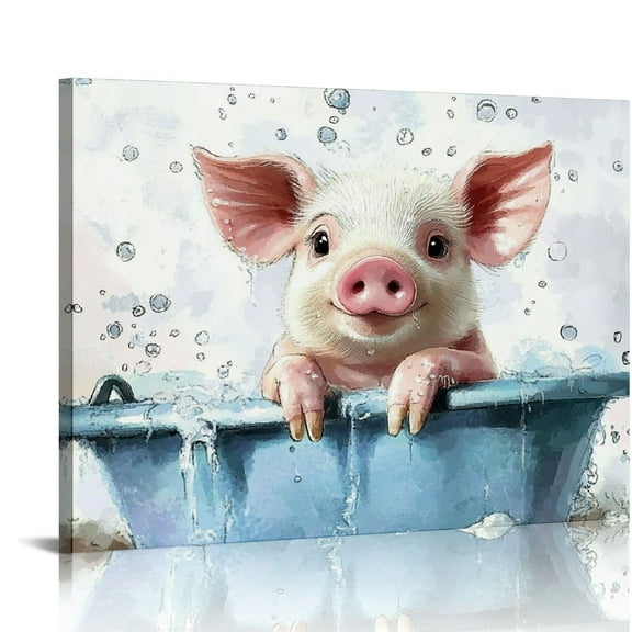 Patifu Pig in the Bathtub Canvas Wall Art Art Prints, Cute Animal Paintings, Spring Summer Pink Blue Home Decor Living Room Office Wall Decor Ready to Hang Canvas Prints Artwork 20x16in
