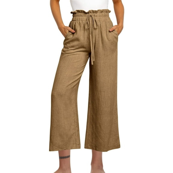 Chiccall Linen Pants Women Casual High Waisted Drawstring Pants Lounge Summer Holiday Wide Leg Trousers