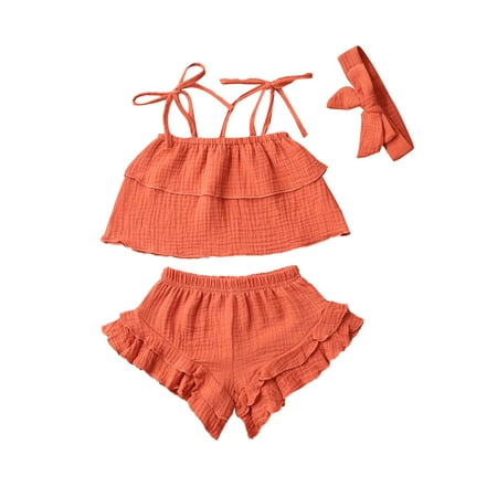

TheFound Newborn Baby Girls Summer Clothes Halter Crop Tank Top Spaghetti Strap Shirt Ruffle Shorts Headband Set