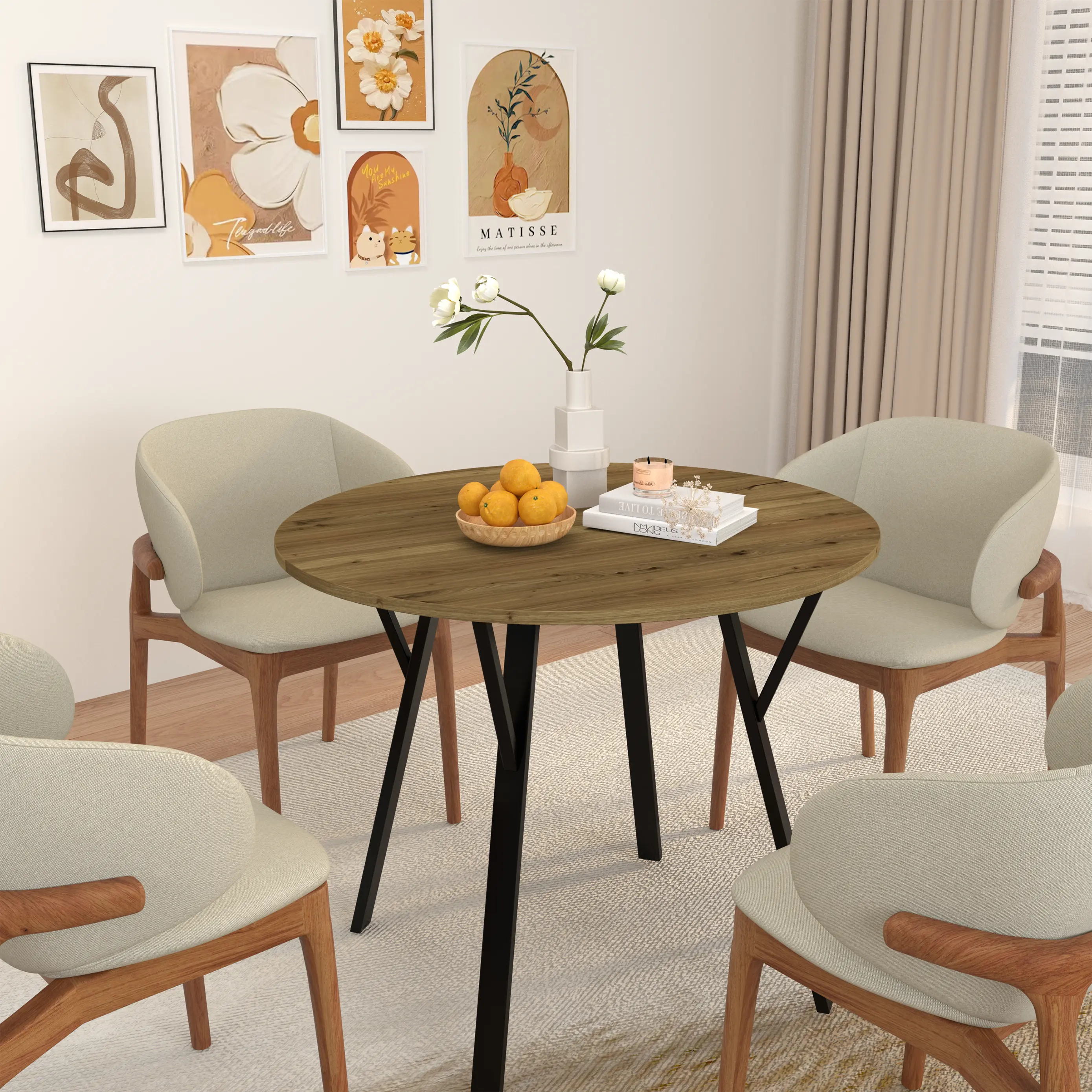 Aukfa Round Dining Table for 4, 35.4" Small Kitchen Table with MDF Top & Metal Legs for Kitchen, Living Room, Small Space, Vintage Industrial Style, Rustic Brown