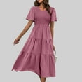 thumbnail image 2 of up to 60% off Gifts Usmixi Summer Dresses for Women Beach Casual Elastic Waist Flowy Ruffle Swing A Line Long Sundress 2023 Short Sleeve V-Neck Solid Maxi Formal Dress Pink XXL, 2 of 5