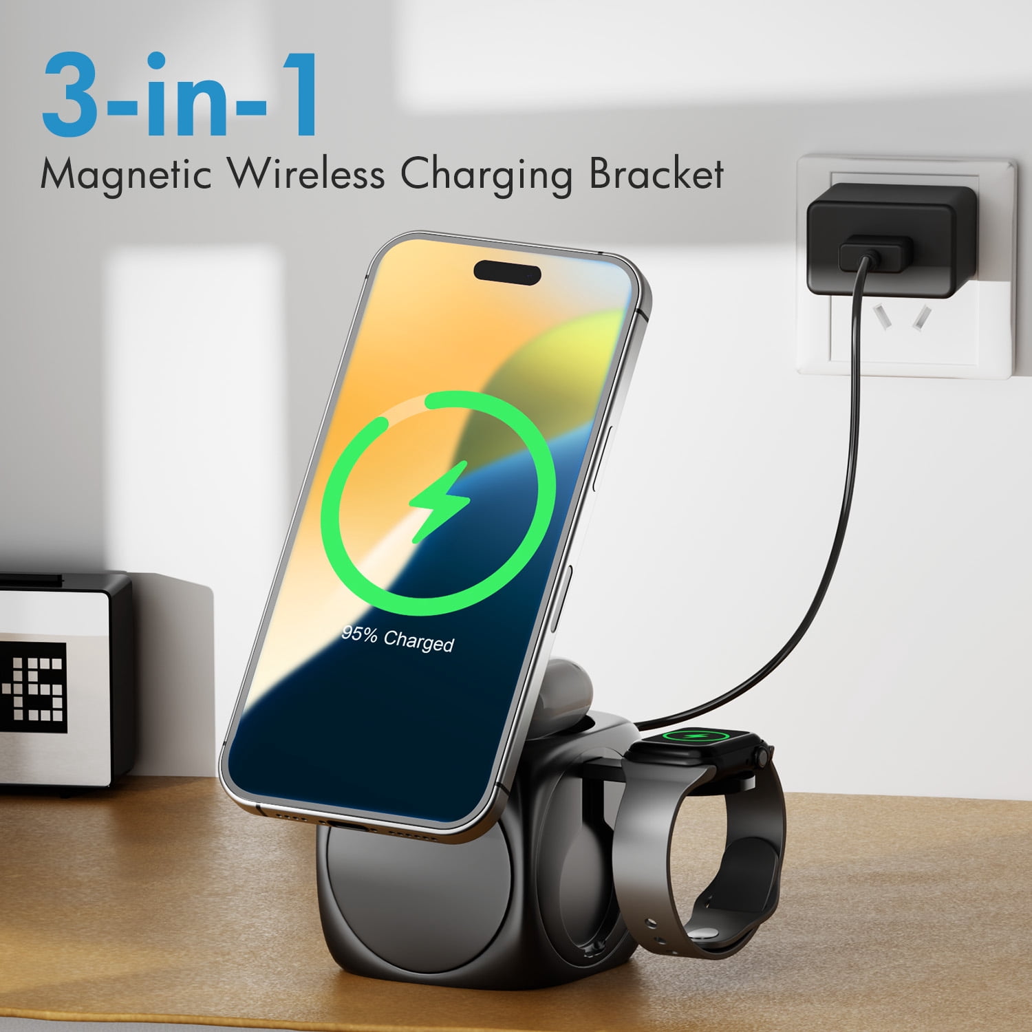 3 in 1 Magnetic Wireless Charger, Compatible with iPhone 16 15 14 13 12 11 8 X XR SE , for Apple Watch Series, for AirPods Pro 4 3 2 1, Portable Stretch Shrink Fold Design for Travel Office(Black)