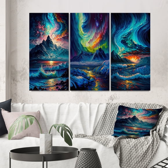 Designart "Mystical Arctic Mountains Aurora Borealis III" Beach Wall Art Set Of 3 - Coastal Beach Blue Gallery Set For Office Decor