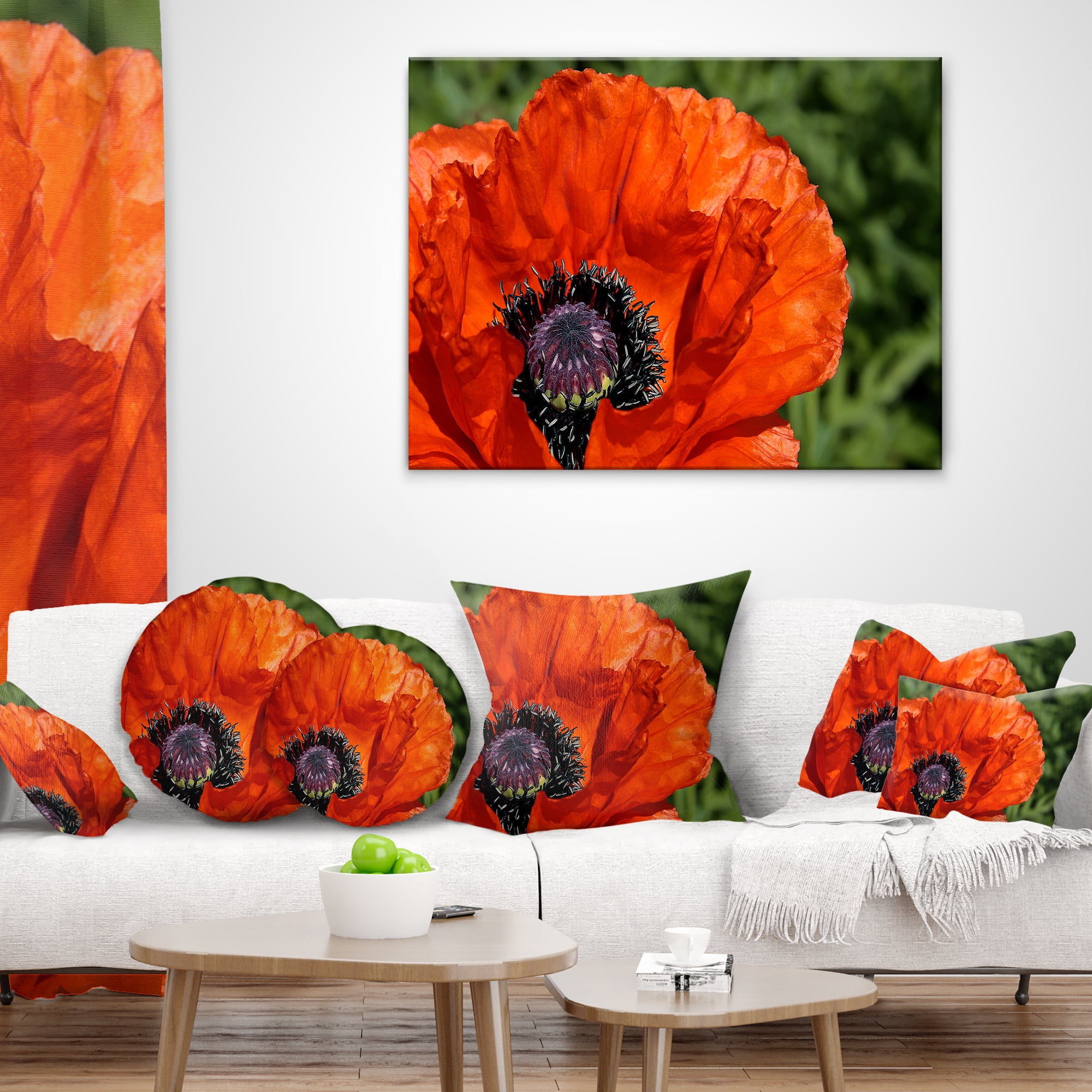 Designart Close Up View of Red Poppy Flower - Floral Throw Pillow - 16x16