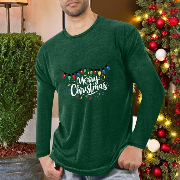 BXJX Men's Crew Neck Shirts- Casual Christmas Print Comfortable Holiday Long Sleeve Tops Army Green Size 2XL