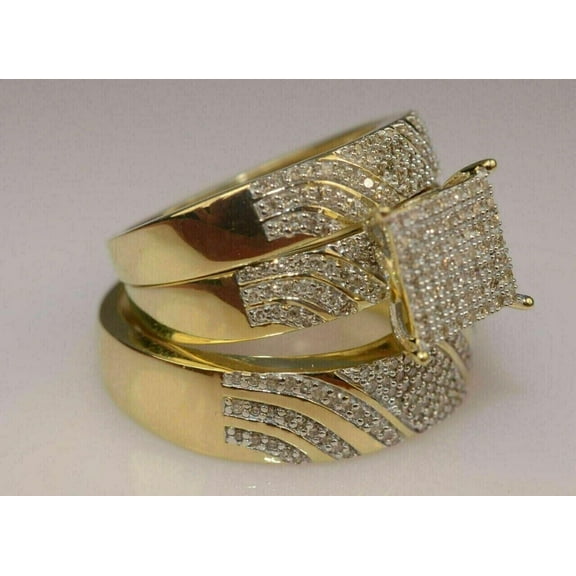 14K Yellow Gold Plated 2.50Ct Round Cut Diamond His Her Matching Trio Ring Set -14