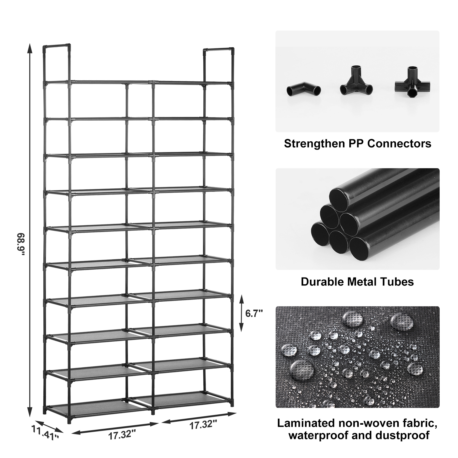 HODYANN 10-Tier Shoe Rack Storage Organizer, Non-Woven Fabric and Metal Shelf, up to 40 Pairs, Black