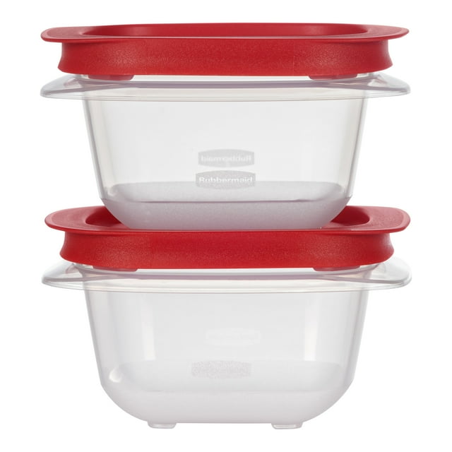 Stacked pair of clear 1.83-cup Rubbermaid EasyStore square food storage containers with red lids.