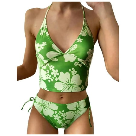 Tankini Swimsuits For Women Tummy Control New Ladies Printed High Waist Split Full Coverage Swim Suits For Women 2025 Swimwear Green XL