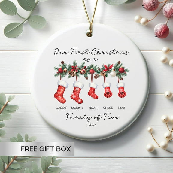 First Christmas as a Family of Five 2025 — Personalized Ornament with Pets, Custom Names & Year