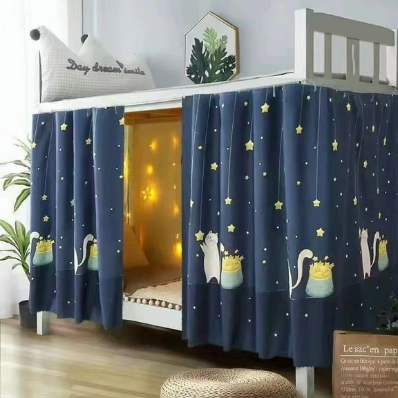 Bottom Bunk Bed Curtains Privacy Curtains Breathable Dustproof Single Bed Blackout Curtains Privacy Cloth Panels Underbed Loft Bed Canopy Tent Curtain Shading Drapes for Dorm (Navy cat set of 2)