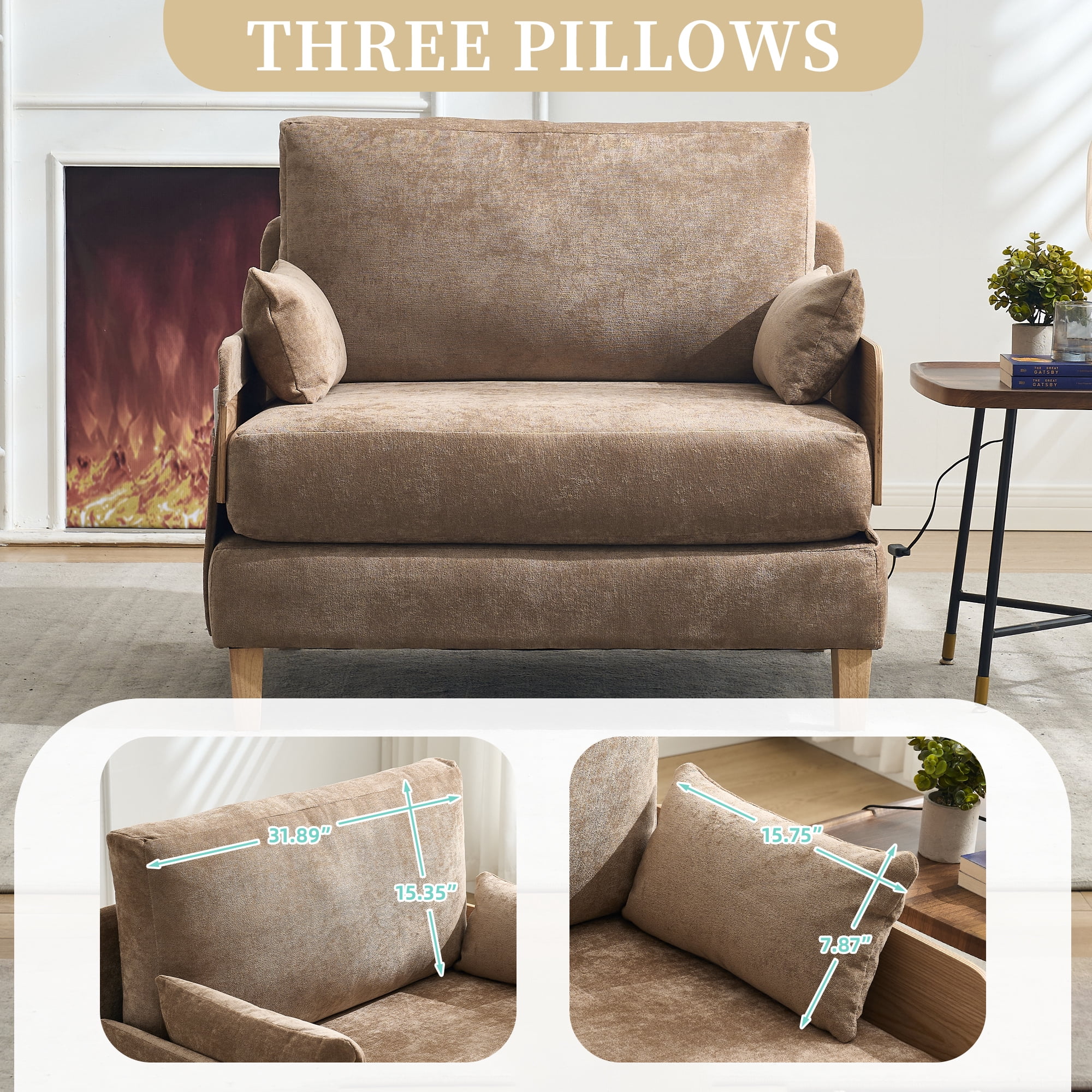 Leumius Foldable Sofa Bed,3-in-1 Convertible Sleeper Chair,Modern Foldable Sofa Chair With 3 Pillows for Small Spaces,Light Brown