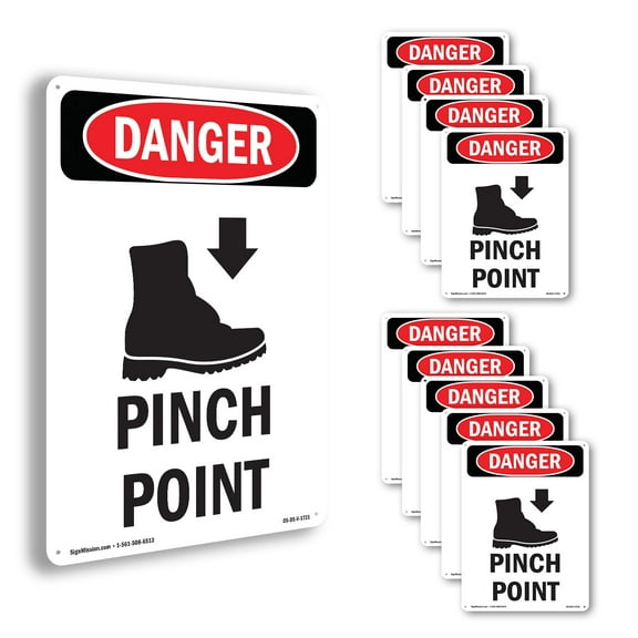 Foot Pinch Point OSHA Danger Rigid Plastic Sign 18 Inch x 12 Inch - 10 Pack