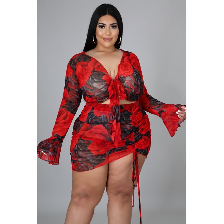 AURA Women Plus Size Two Piece Mesh Print Set Long Sleeve Club Outfit Sexy Skirt Set