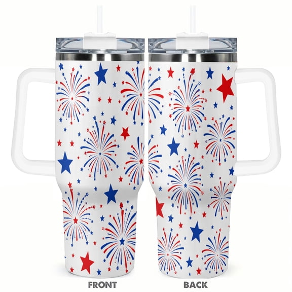 40oz Patriotic Fireworks Travel Tumbler with Handle and Straw Lid Red White Blue Star Insulated Car Coffee Cup Fourth of July Gift