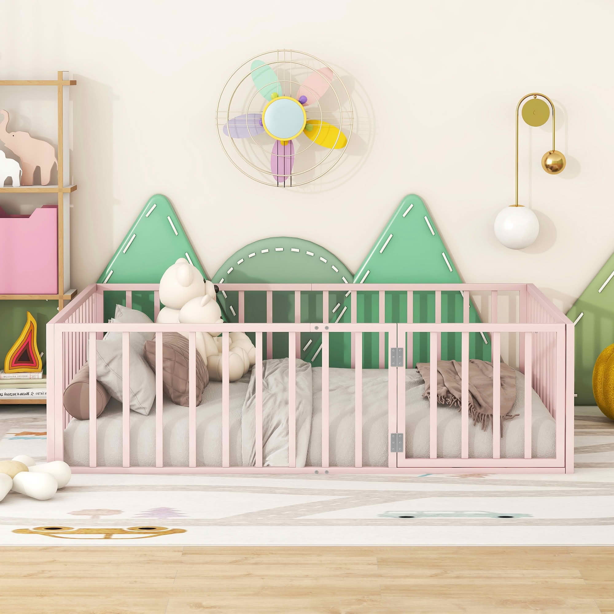 MAYEERTY Metal Floor Bed Frame with Fence and Openable Door Kids Play and Sleep Space