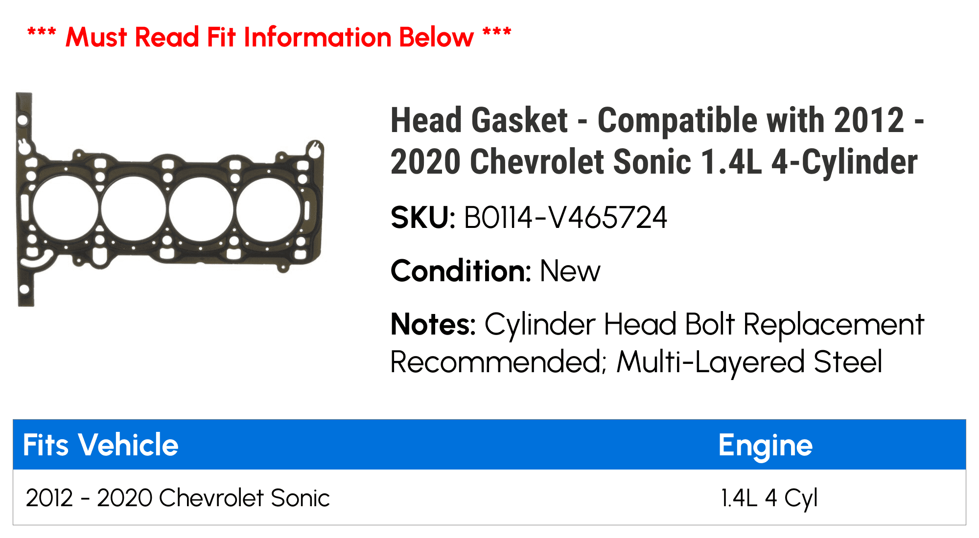 Head Gasket - Compatible with 2012 - 2020 Chevy Sonic 1.4L 4-Cylinder 2013 2014 2015 2016 2017 2018 2019