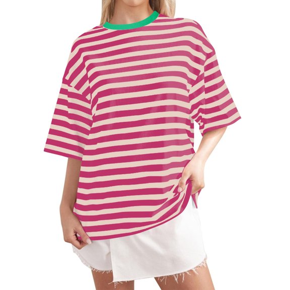 Graphic Tees for Women T-Shirts Casual Striped Round Neck Short Sleeve Tee for Spring Minimalist Comfort Wear Red XL