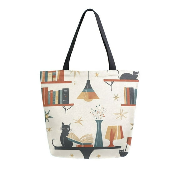 FORMRS Womens Canvas Tote Bag with Zipper Inner Pocket Shoulder Handbag, Cats Reading Pattern