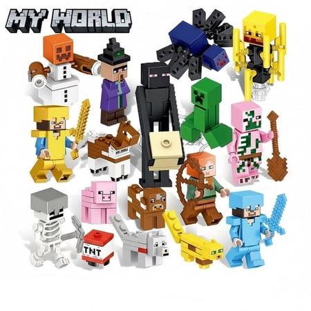 Pixel Sandbox Game Building Blocks Figures Set, 16 PCS Pixel Character Action Figures with Animals Mobs, Pixel World Collection Kit, Video Game Themed Building Toys for Gaming Fans Collectors