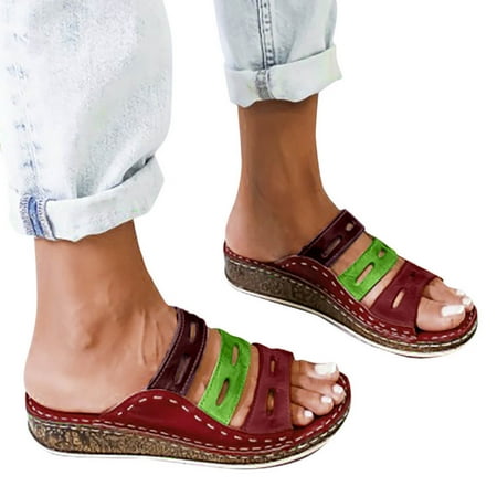 

Zpanxa Slippers for Women Ladies Fashion Mixed Color Slip On Wedges Sandals Casual Slipper Shoes Flip Flops for Women Red 40