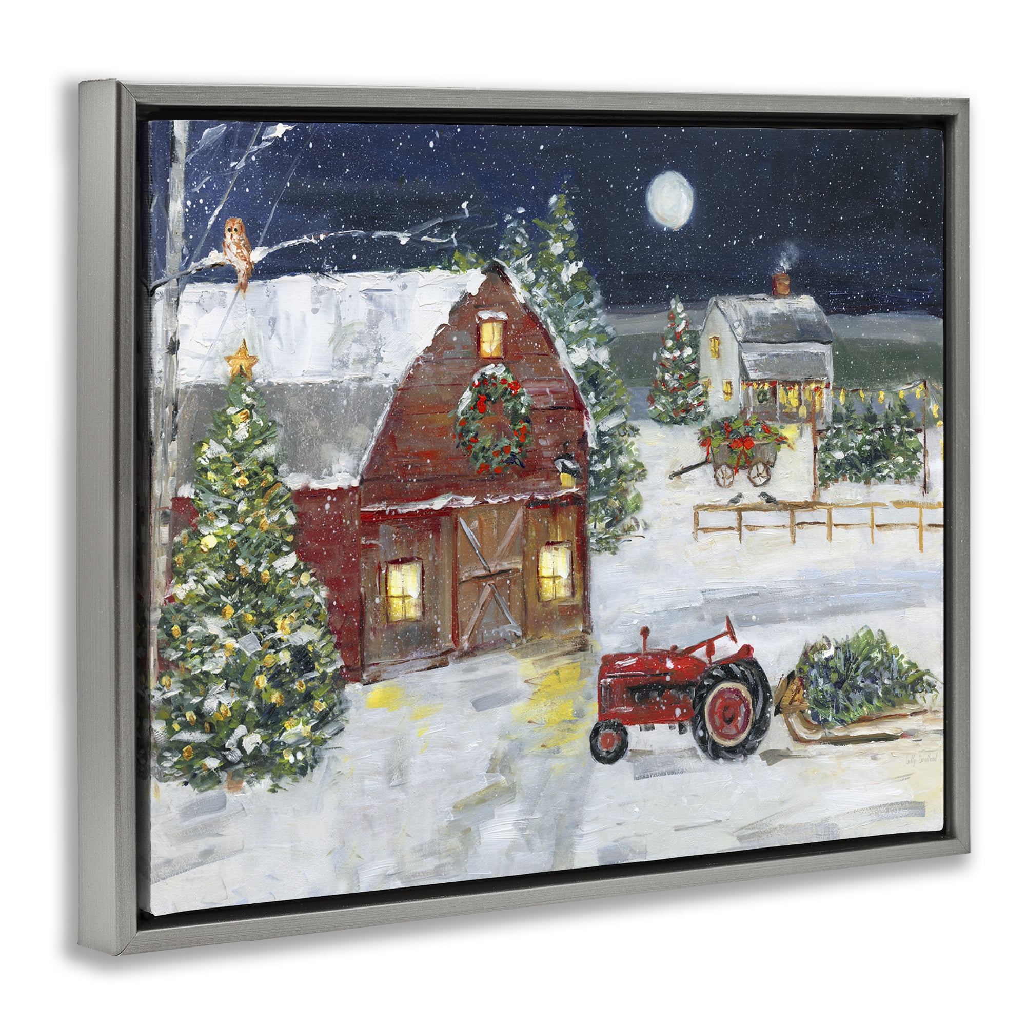 Stupell Industries Snowy Farm & Tractor Holiday Painting Gray Floater Framed Canvas Art Prints Wall Art, 21 x 17