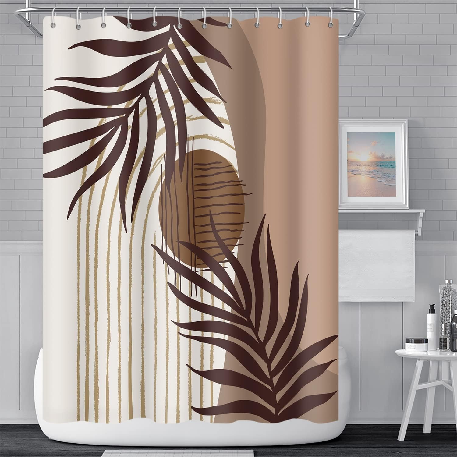 Abstract Mid Century Boho Bathroom Shower Curtain Eucalyptus Leaves Brown and Beige Sun Shower Curtain with Hooks Waterproof Fabric Polyester Shower Curtain for Art Home Decor, 72x72 Inch