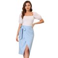 thumbnail image 1 of Allegra K Falda Lápiz Midi Con Cintura Anudada Y Cinturón Dividido Para Mujer Azul claro XS, 1 of 6