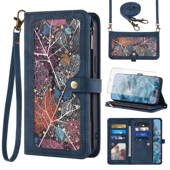 Asuwish Phone Case for Google Pixel 8 Pro 5G Wallet Cover With Tempered Glass Screen Protector Crossbody Wrist Strap Flip Pattern Zipper Credit Card Holder Cell Pixel8Pro Pixel8 XL Eight 8Pro Blue