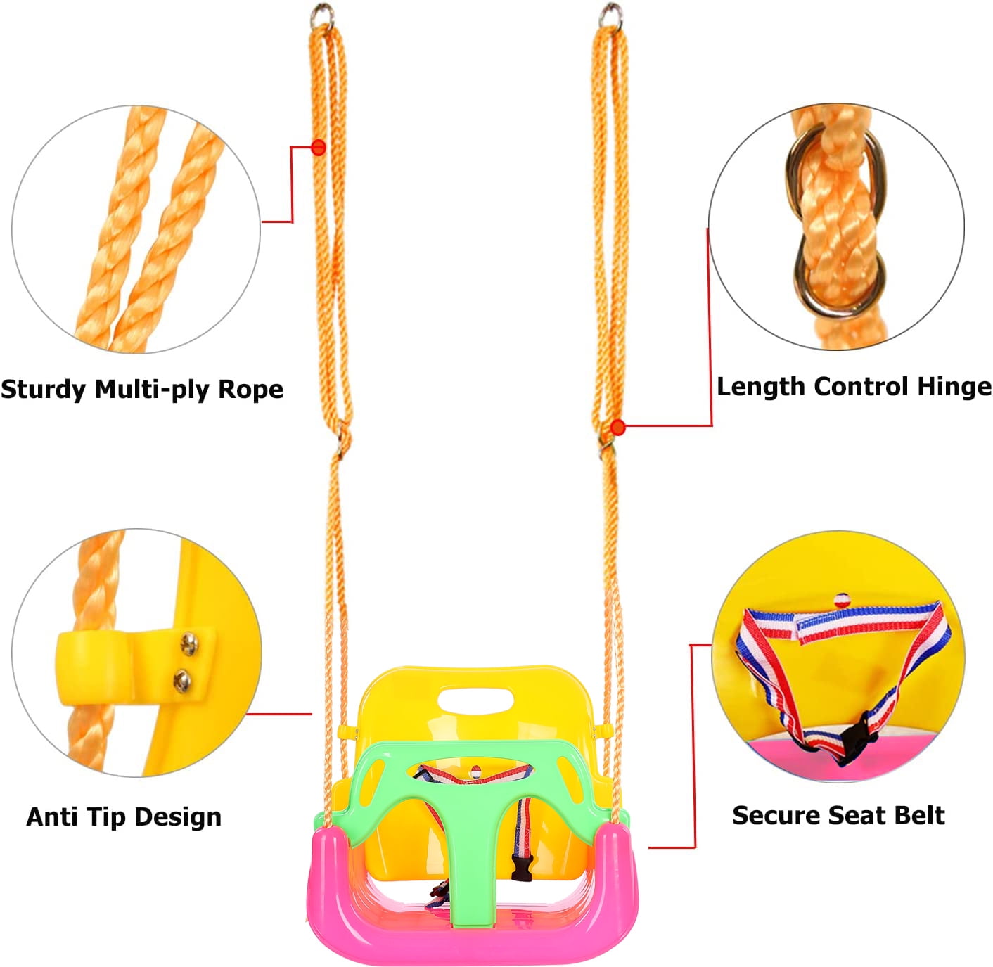 JBeeCtrl 3-in-1 Baby Swing Sets with Hanging Strap and Hooks for Outside Toddler Swing Anti-Flip Snug & Secure Detachable Infants to Kids Swing Seat for Indoor/Outdoor Playset（Pink）