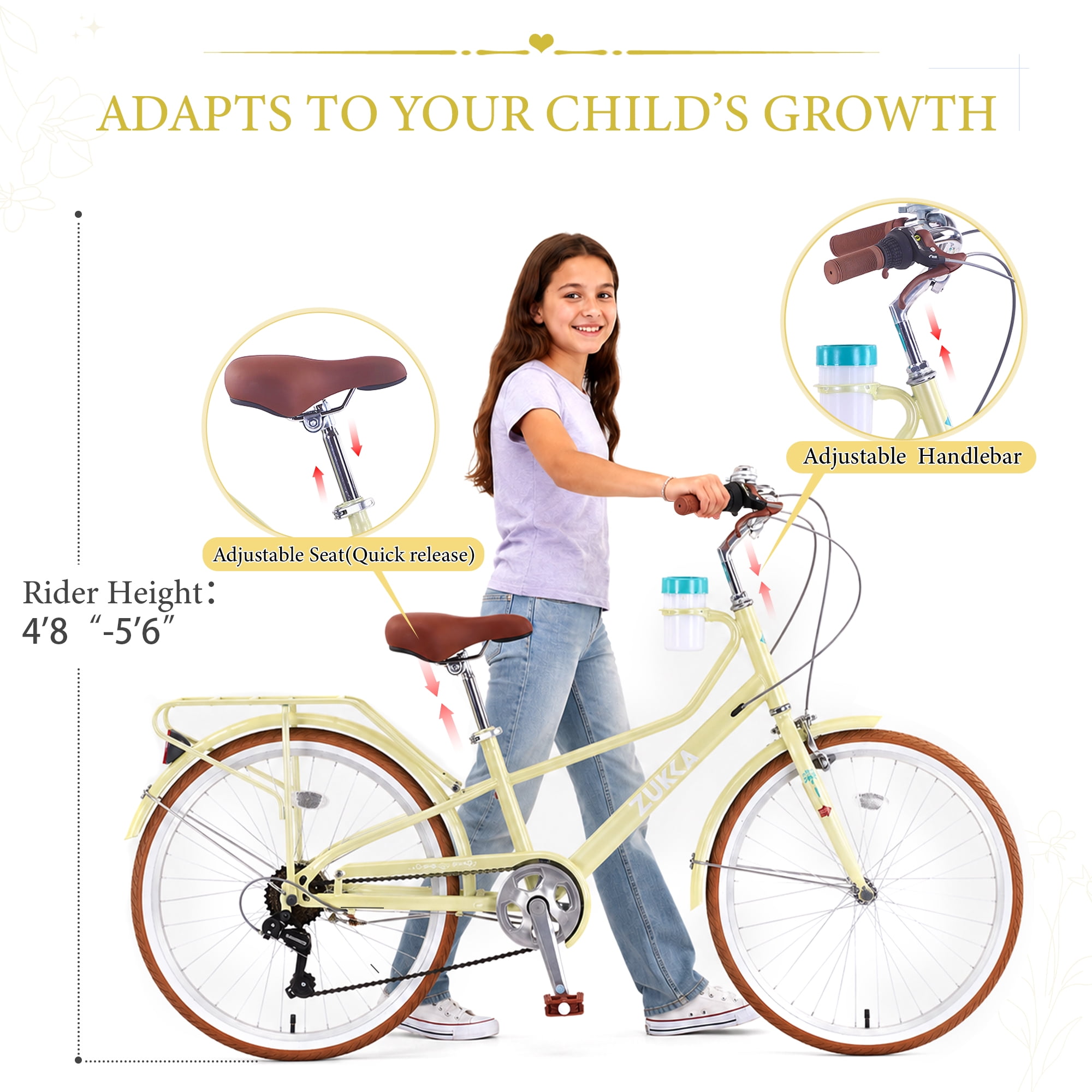 24 Inch Women's Cruiser Bike, 6 Speed Step-Through Commuter Bicycle with Rear Rack & Cup Holder, Adult City Bike