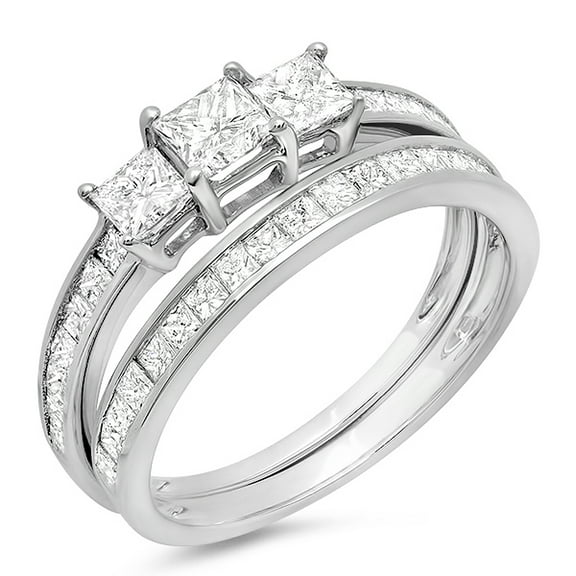 Dazzlingrock Collection 1.75 Carat (ctw) 14k Princess Diamond Ladies Bridal 3 Stone Engagement Ring Matching Wedding Band Set 1 3/4 CT, White Gold, Size 7.5