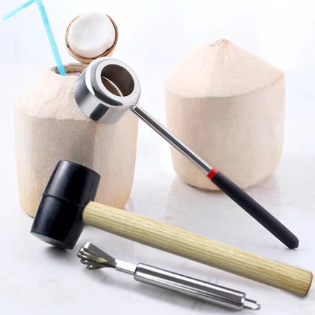 Haomacro Coconut Opener Stainless Steel Set of 3, Coconuts Opening Tool Kit for Meat Removal with Hammer & Stainless Steel Scraper, Coconut Shell Breaker Machine - for Fresh Coconuts Water