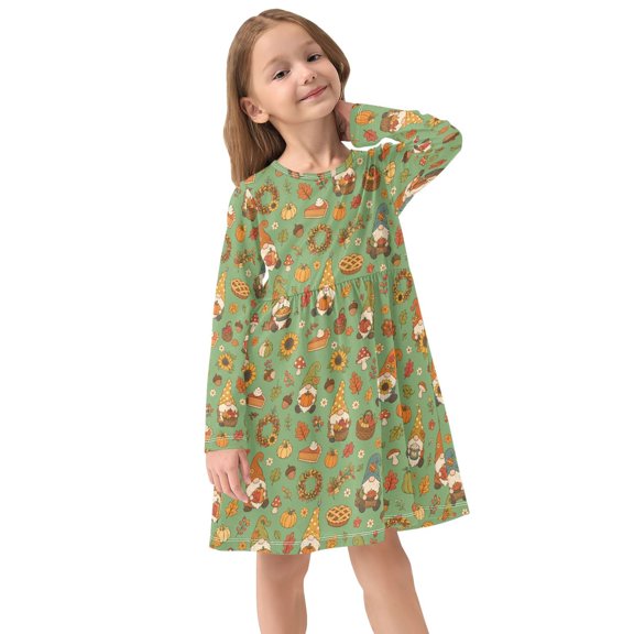 Girls Dress Soft Casual Long Sleeve Cute Dress for Girls Fashion Prints Elf Garland Crew Neck