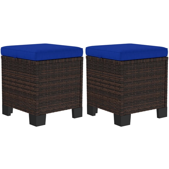 Outsunny 2 Pieces Wicker Outdoor Ottomans with Cushions, Rattan Ottoman Footrest & Side Table for Patio Yard Poolside, Dark Blue