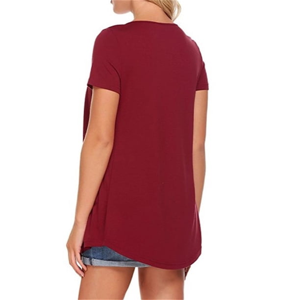 Minnieouse Amart - Camiseta de mujer de manga corta con cuello en V y blusa holgada plisada Prendas para la parte del cuerpo Vino rojo SG Minnieouse AP001587-16