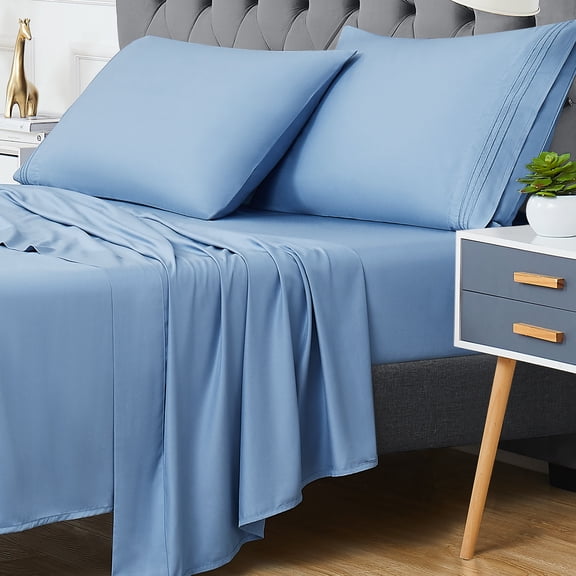 100% Bamboo Bed Sheets Set, Wrinkle Resistant 4 Piece Cooling Sheets with 16 Inch Deep Pocket for Hot Sleepers, (Light Blue, King)