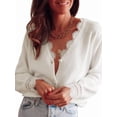 thumbnail image 3 of Lace Trim Mohair Sweaters for Women Pullover V Neck Sweaters Long Sleeve Knitted Sweater Fall Winter Clothes White S, 3 of 10