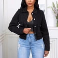 thumbnail image 4 of Brilliant Denim Jackets for Women Cropped Jean Jacket Women's Casual Denim Jacket Solid Color Basic Long Sleeve Jean Jacket Coat Black L, 4 of 6