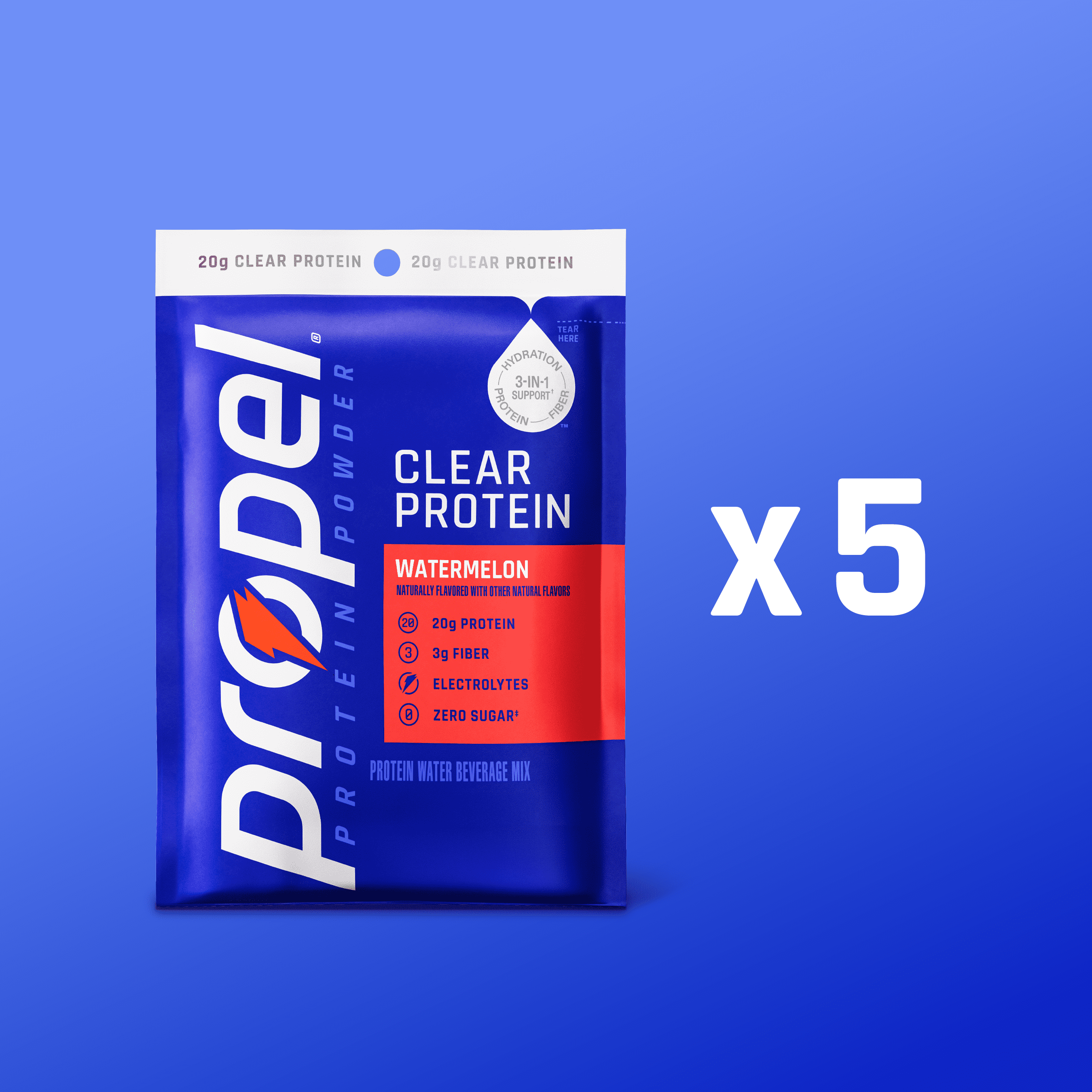 (5 pack) Propel Clear Protein Powder, Watermelon, (5 Servings), 3-in-1 GLP-1 Support: Hydration, 20g Protein, 3g Fiber, Zero Sugar, 90 Calories, No Added Colors, No Artificial Sweeteners or Flavors, 0.98 oz