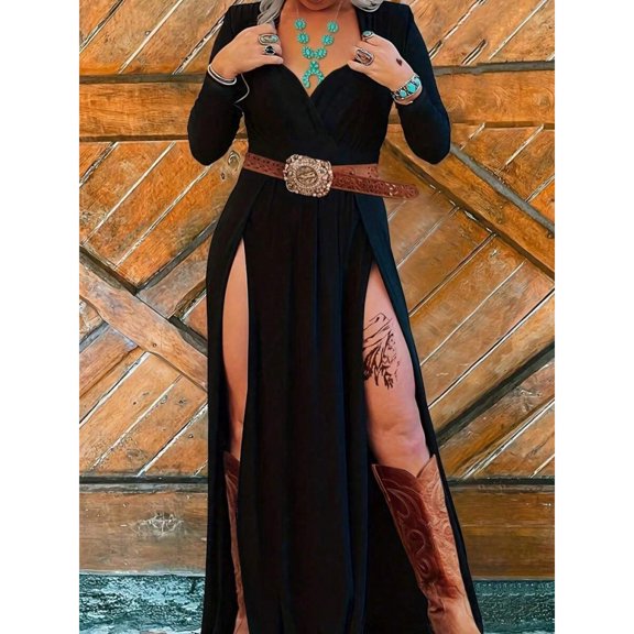 Black V-Neck Wrap Maxi Dress With High Slit, Belted Waist, Long Sleeve For Cocktail Party Vacation