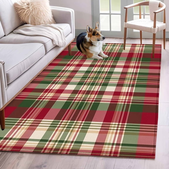 Fall Buffalo Plaid Area Rugs 4'x6', Washable Small Throw Rugs for Office Bathroom, Vintage Red Green Check Farmhouse Indoor Outdoor Rug Non-Slip Low Pile Carpet Runner Reversible Floor Mats