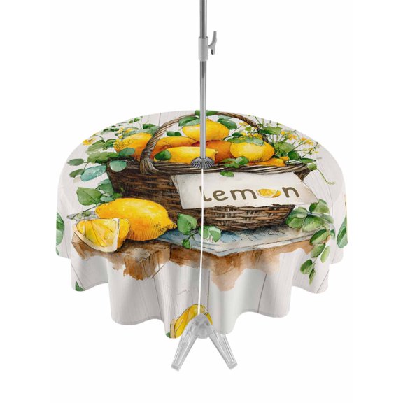 Outdoor Tablecloth with Umbrella Hole for Patio/Picnic/Party/Camping, Lemon Basket Summer Waterproof Table Cloth Round Cover Washable, Farmhouse Eucalyptus Grey Wooden (Dia 60")