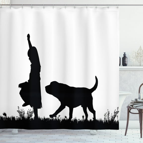 Ambesonne Labrador Shower Curtain, Little Girl Walking a Dog, 69"Wx84"L, Black and White