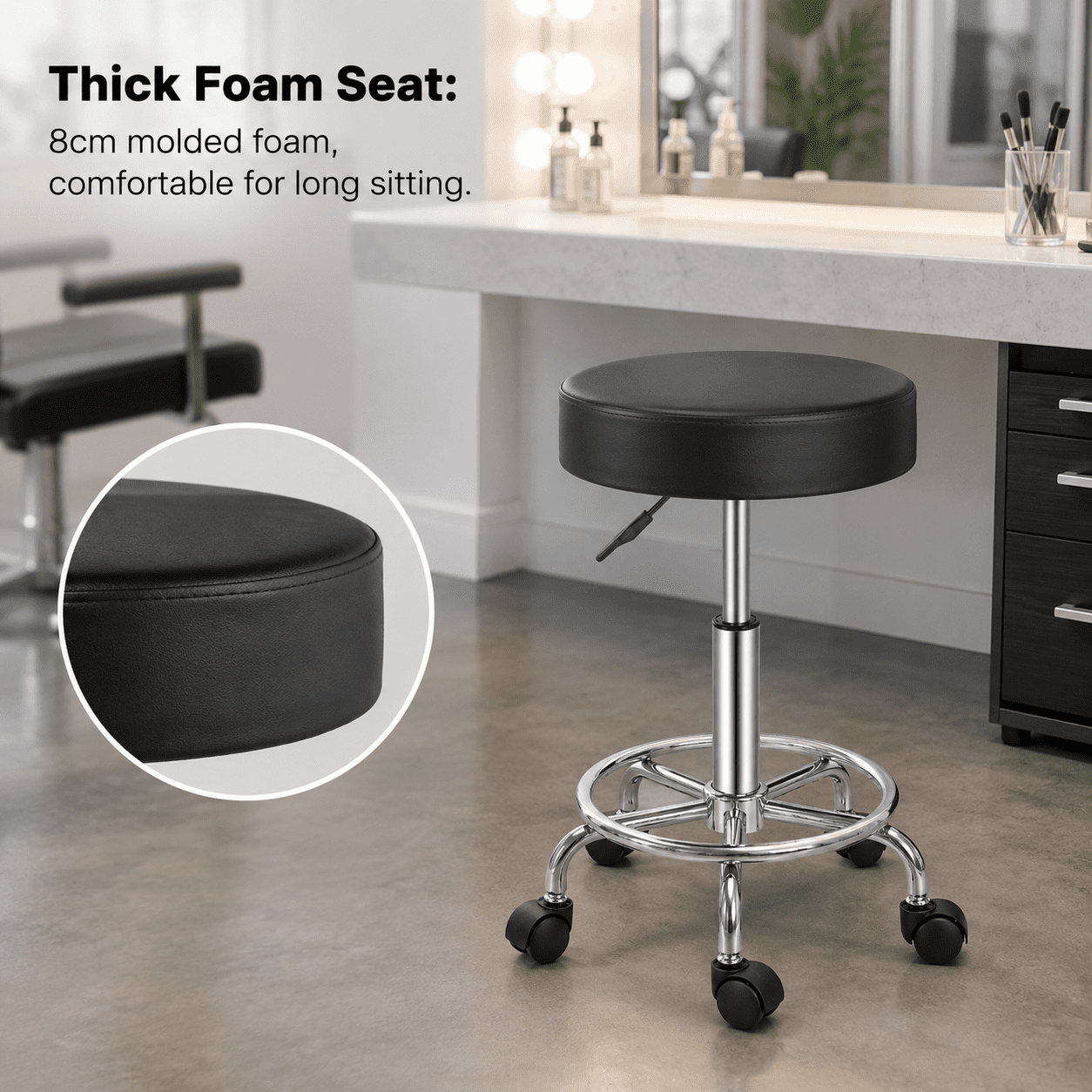 Alvantor Salon Stool with Thick Foam, Adjustable Height, 360 Swivel, Foot Ring, Black